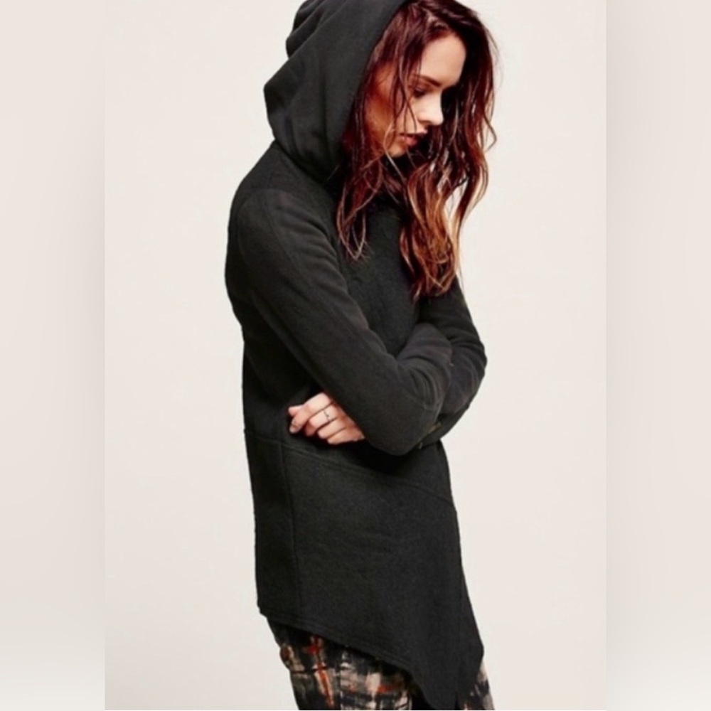 Free People Black Hooded Asymmetrical Pullover